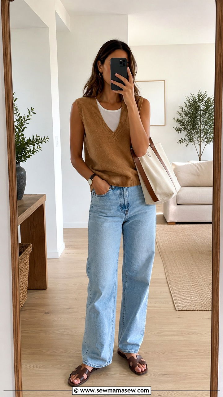 Sleeveless Sweater Vest With Jeans Outfit - 30 Late August outfit ideas