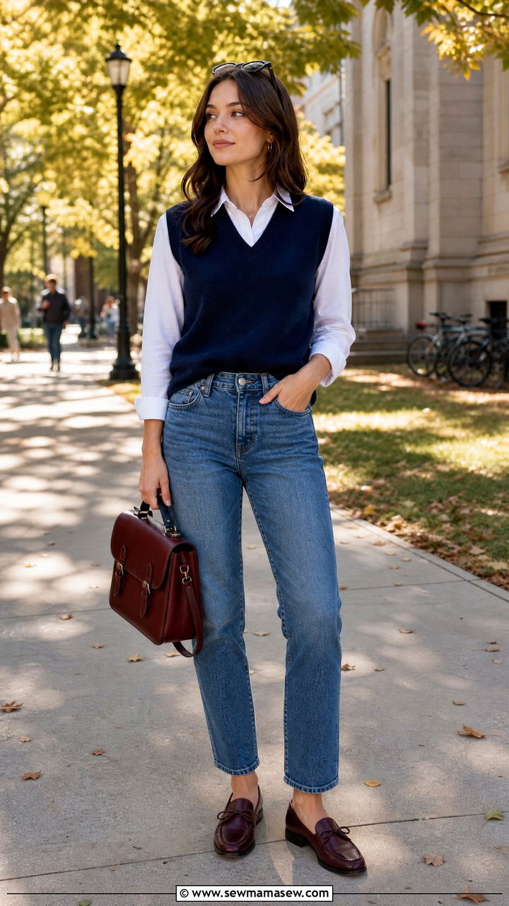 Sleeveless Sweater Vest with White Shirt and Slim Jeans - 25 Late summer early fall outfits