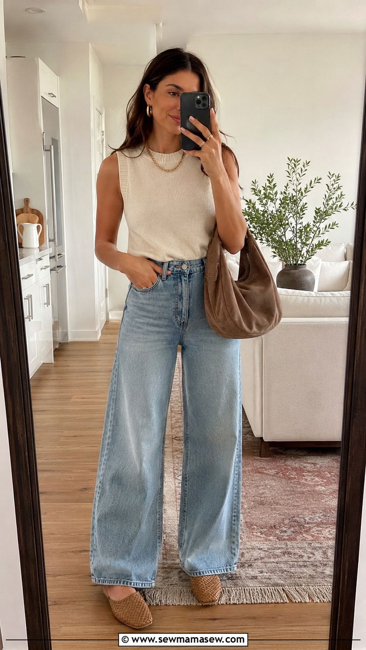 Sleeveless Sweater and Wide Leg Jeans Outfit - 20 Summer outfits for 70 degree weather