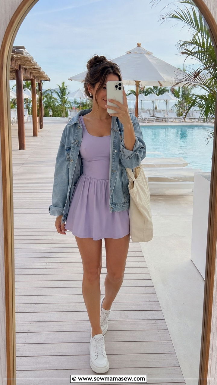 Sleeveless Swim Dress With Denim Jacket - 25 Modest outfit ideas for pool