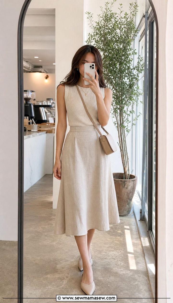 Sleeveless Top With A Line Midi Skirt And Mules - 25 summer outfits for short torso women