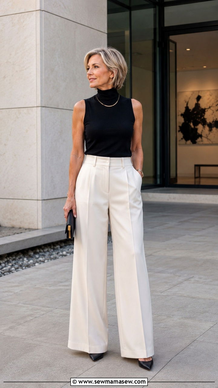 Sleeveless Turtleneck With High Waisted Wide Leg Pants - 30 Petite outfits for women over 50