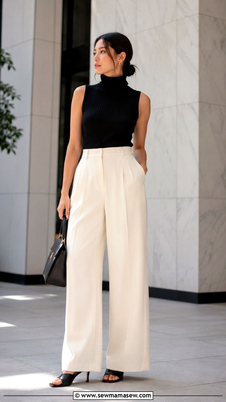 Sleeveless Turtleneck With Wide Leg Pants - 20 spring art of the in between outfit ideas