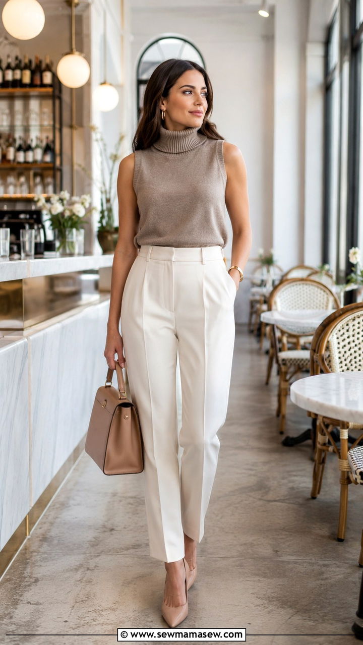 Sleeveless Turtleneck and High Waisted Trousers - 30 Brunch outfit ideas old money style