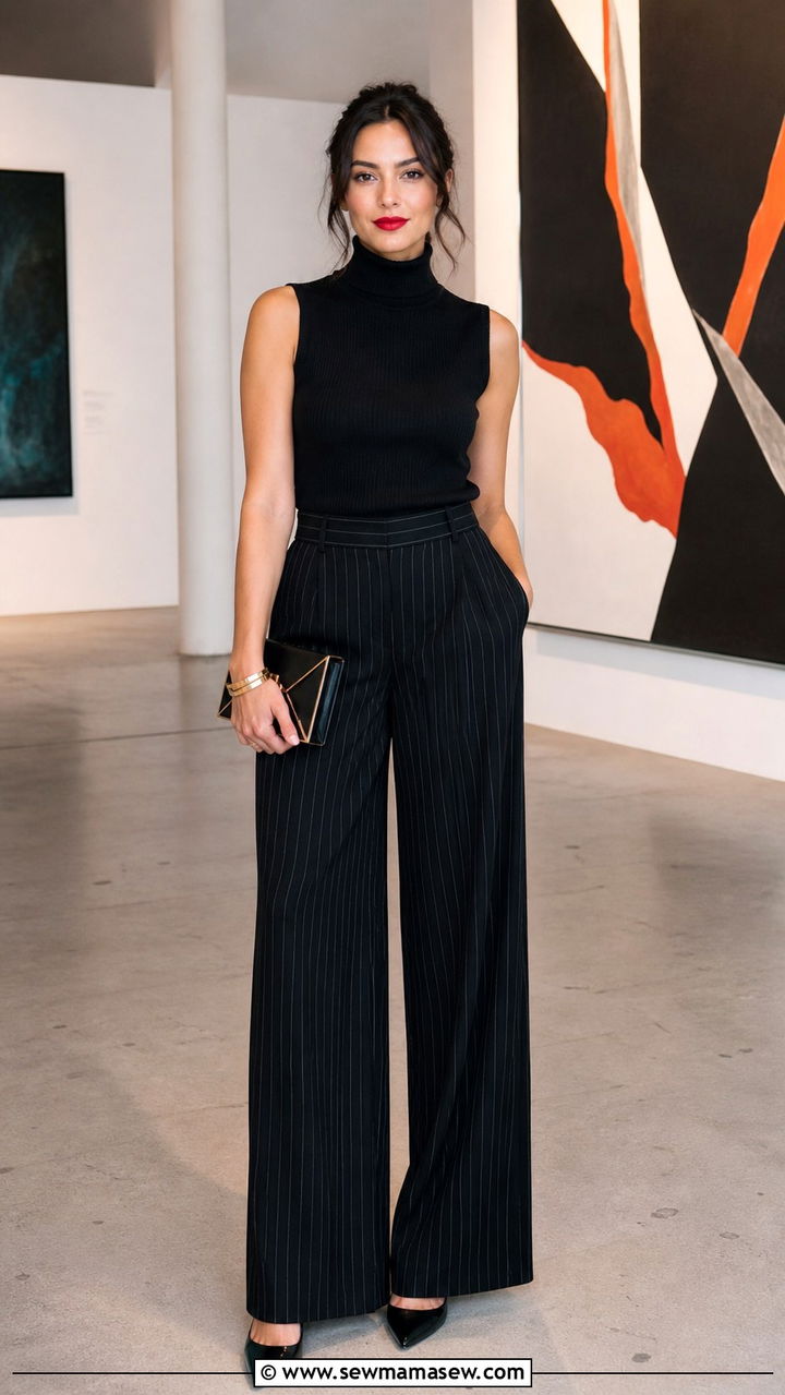 Sleeveless Turtleneck with Pinstripe Palazzo Pants - 40 palazzo pants outfit ideas