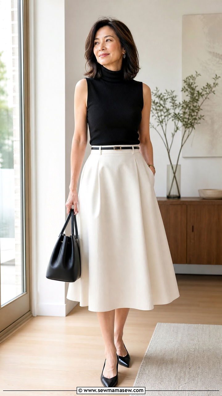 Sleeveless Turtleneck with an Ivory Midi Skirt - 35 Minimalist outfit ideas for women over 40