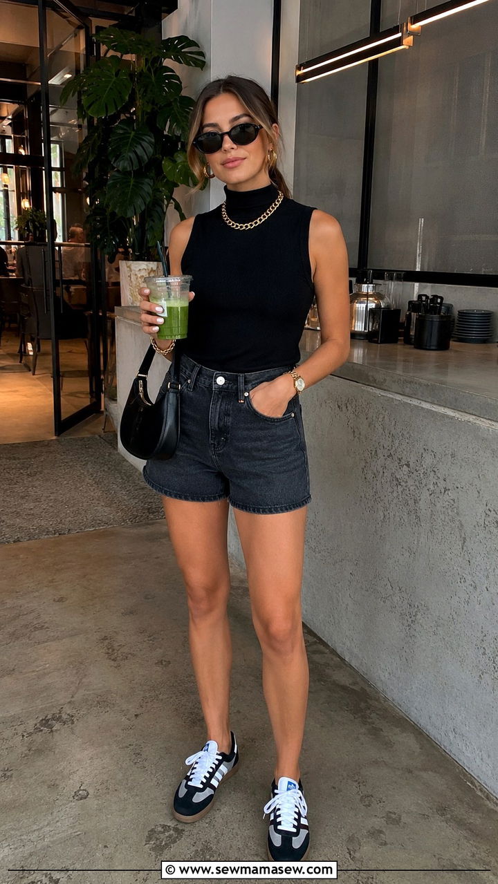 Sleeveless Turtleneck with denim shorts and sneakers - 30 Denim shorts outfit ideas with sneakers