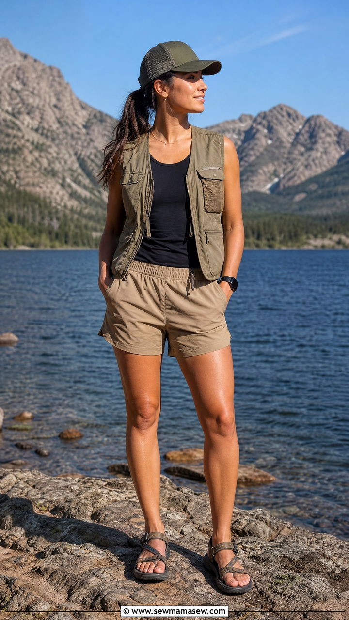 Sleeveless Utility Vest With Nylon Shorts Camping Outfit - 30 Summer camping trip outfits