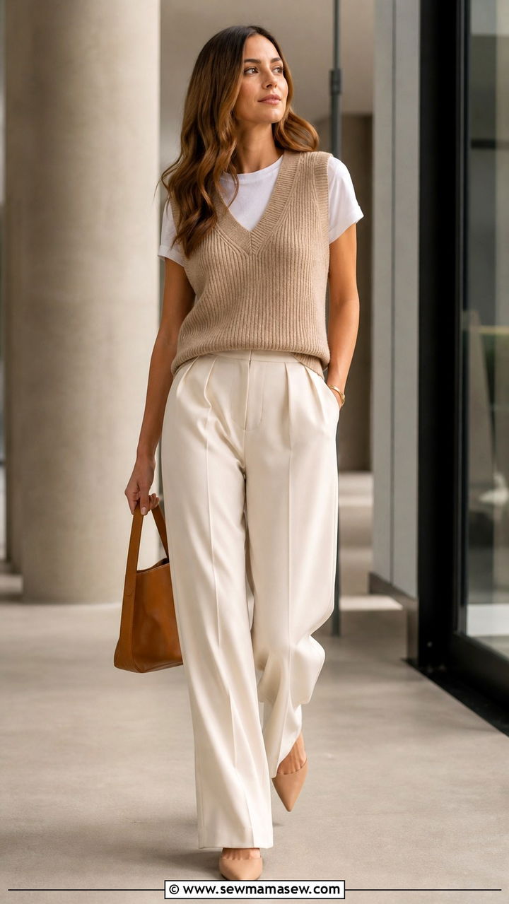 Sleeveless Vest With Wide Leg Trousers And Pointed Flats - 40 casual work outfits