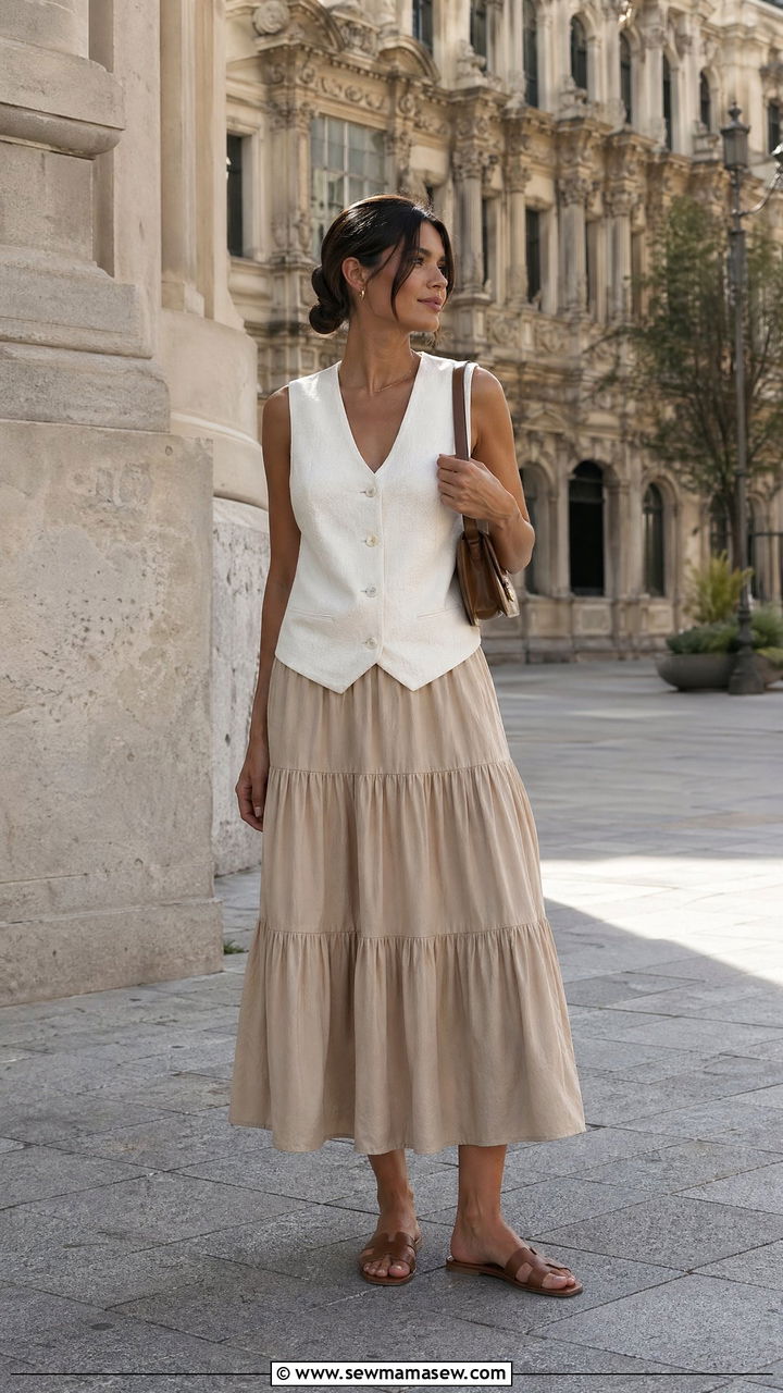 Sleeveless Vest and Tiered Midi Skirt - 35 European vacation outfit ideas