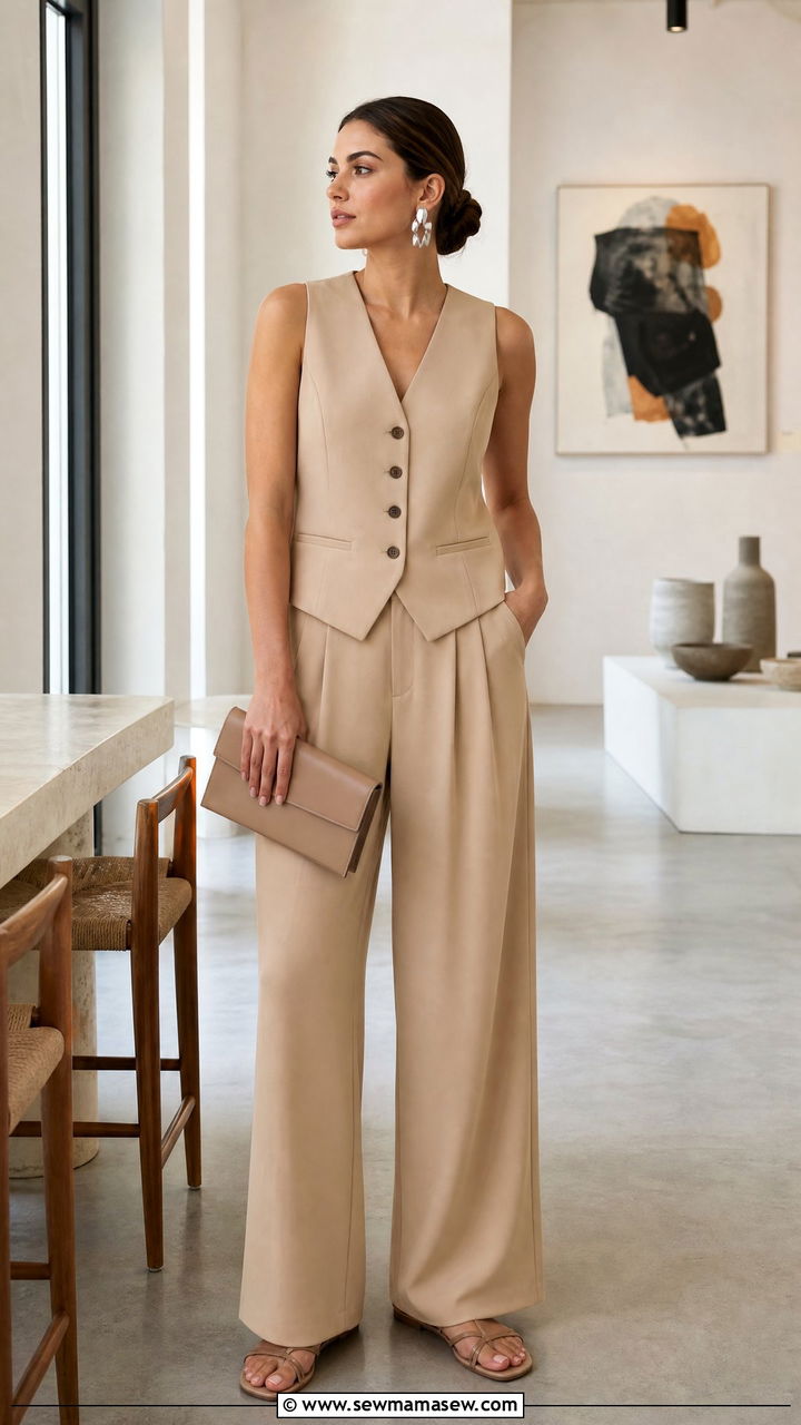 Sleeveless Vest and Wide Leg Pants Set - 30 Matching set outfit ideas for brunch