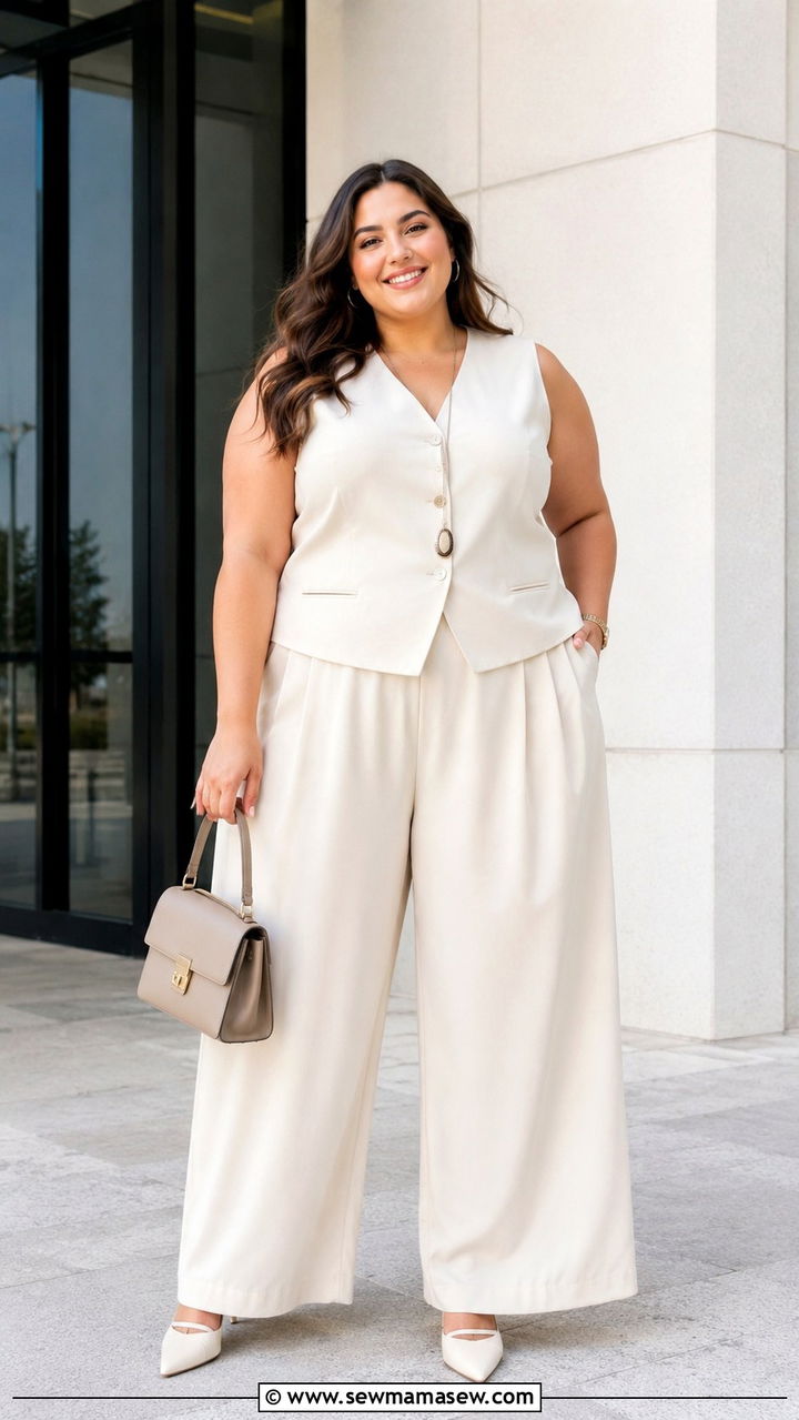 Sleeveless Waistcoat and Wide Leg Trousers - 30 Plus size outfit ideas for graduation