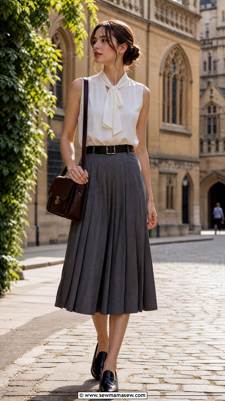 Sleeveless White Blouse with Grey Pleated Skirt - 30 summer dark academia outfits