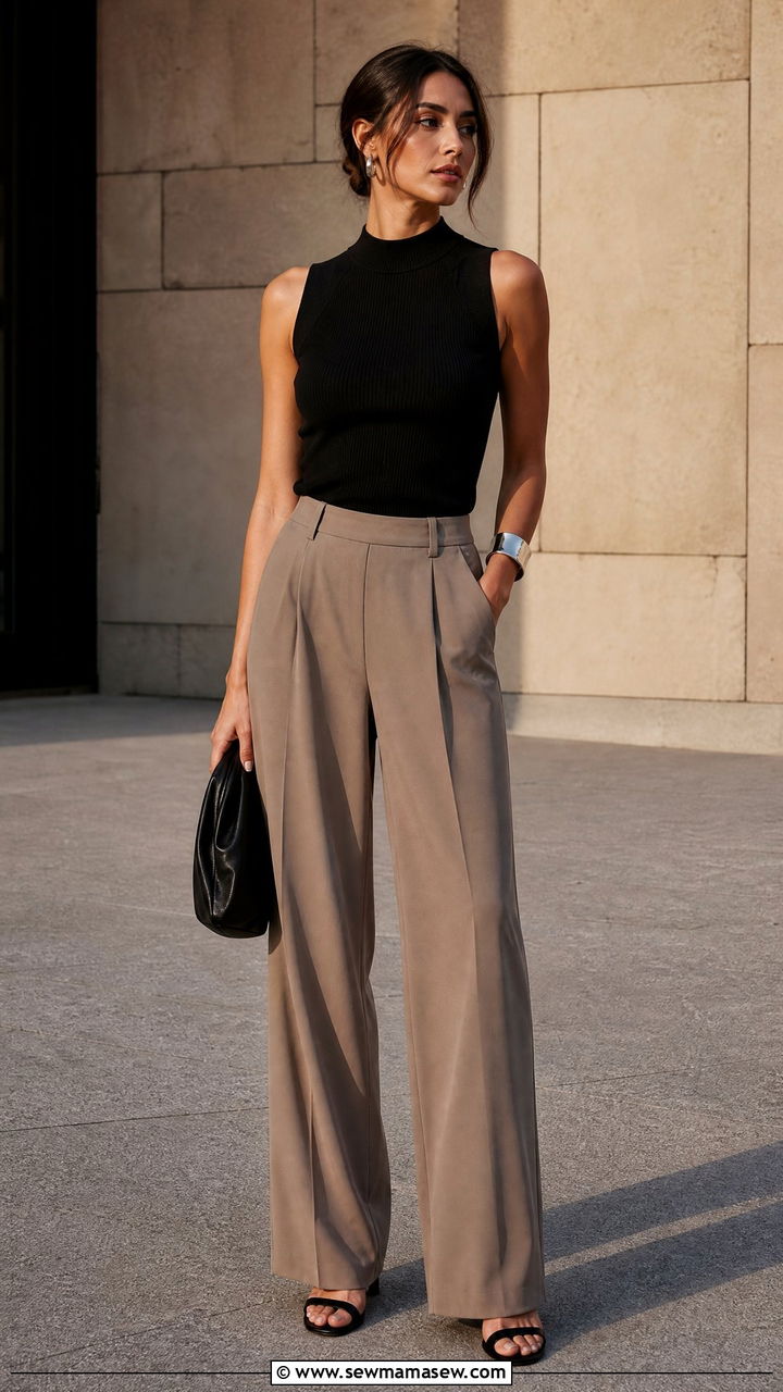 Sleeveless black knit top and taupe wide leg trousers - 35 Minimalist spring outfits