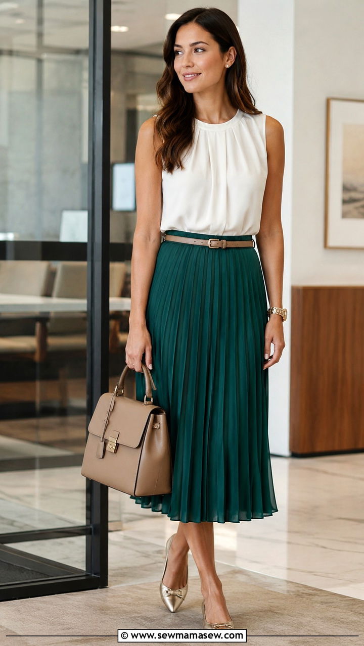 Sleeveless blouse with midi skirt office outfit - 25 seasonal office outfit ideas