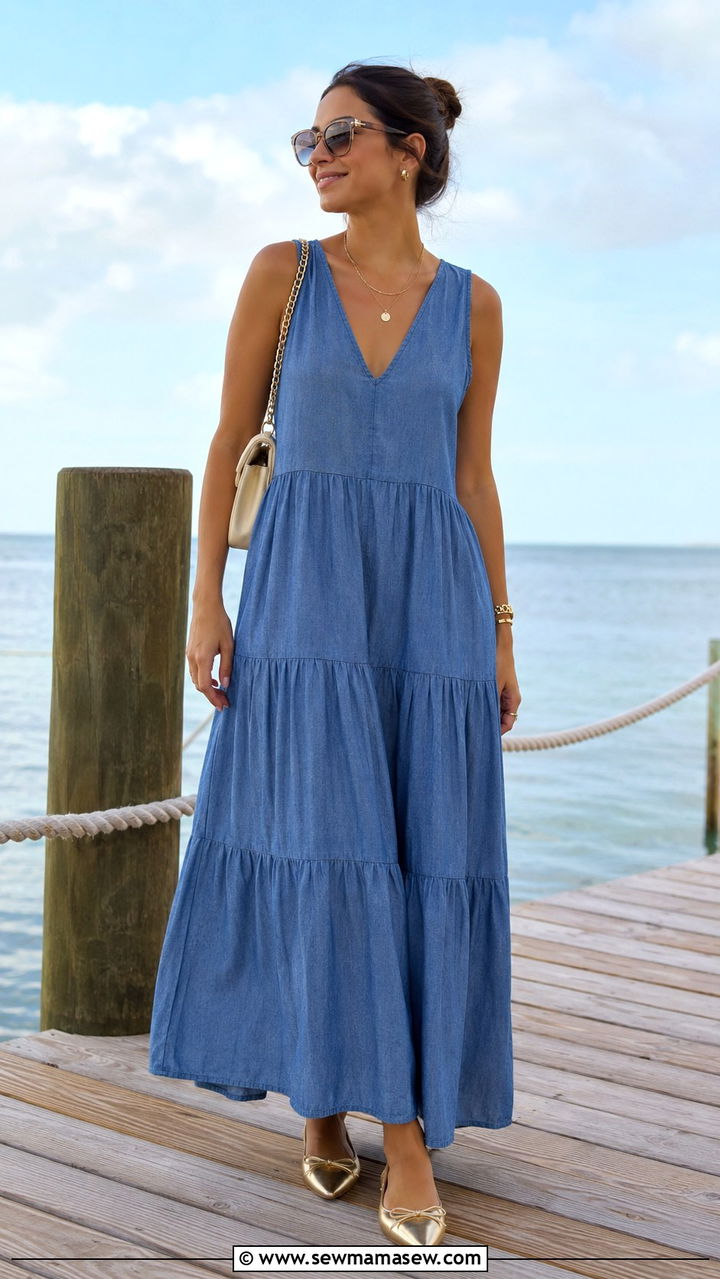 Sleeveless blue chambray maxi dress with gold flats - 25 Yacht club outfit ideas