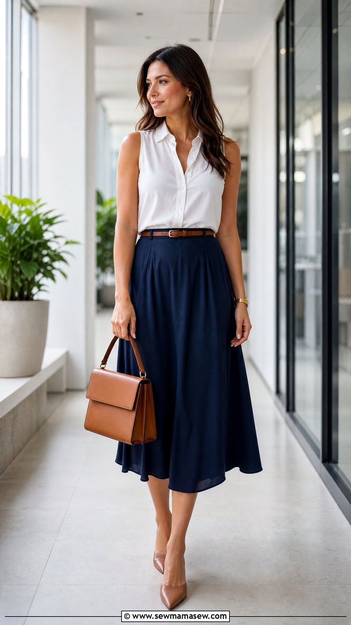 Sleeveless button down with a midi skirt - 30 Muggy weather outfit ideas