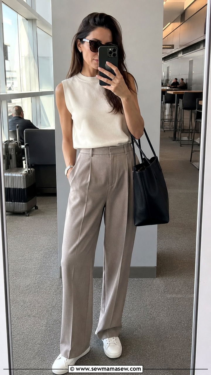 Sleeveless cashmere shell with wool trousers and minimalist sneakers - 30 Quiet luxury outfit ideas for airport