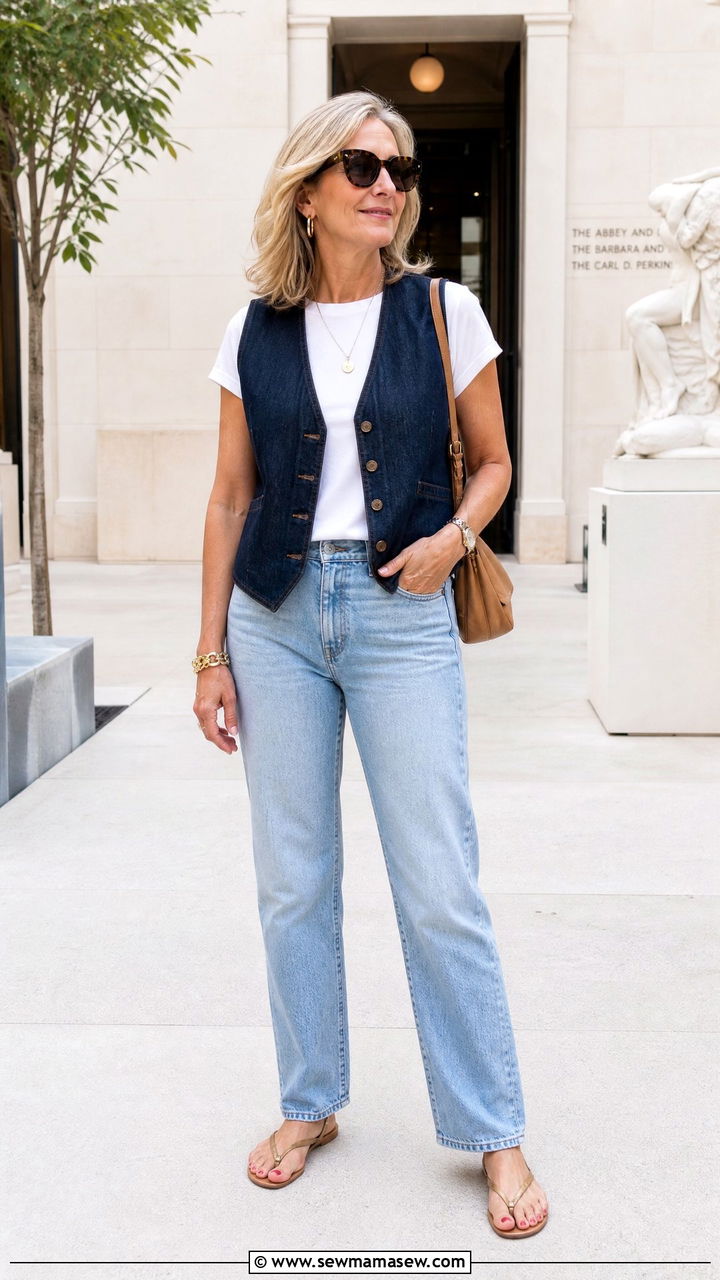 Sleeveless denim vest layered over white tee - 35 Mature woman outfit ideas