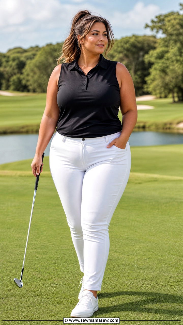 Sleeveless golf polo and stretch pants for plus size - 25 Golf outfit ideas plus size