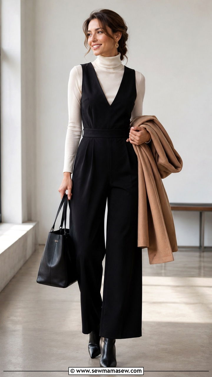 Sleeveless jumpsuit layered with turtleneck for work - 30 How to style a jumpsuit for work