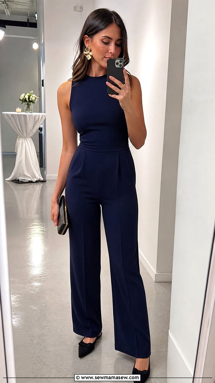 Sleeveless jumpsuit with statement earrings - 30 summer office party outfit ideas