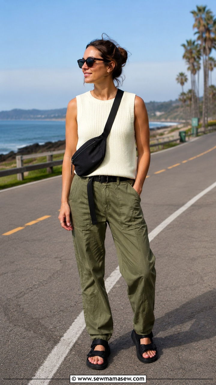 Sleeveless knit top with olive green cargo pants outfit - 30 Small ship cruise outfit ideas