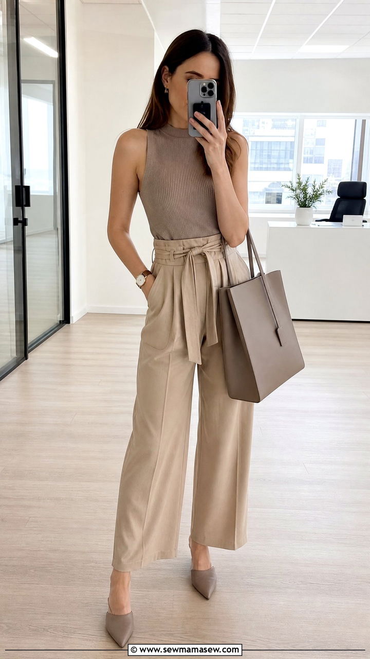 Sleeveless knit top with paper bag waist trousers and mules - 25 Spring outfits with mules