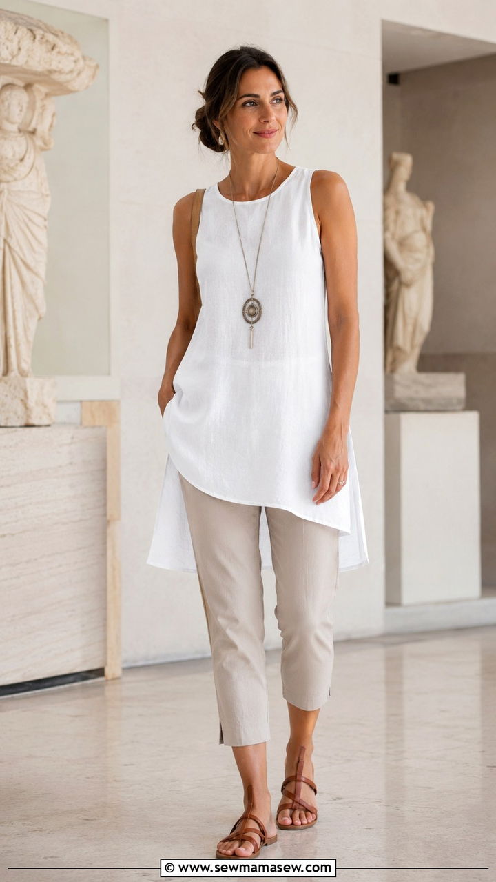 Sleeveless linen tunic with Capri pants - 30 Heat wave outfit ideas