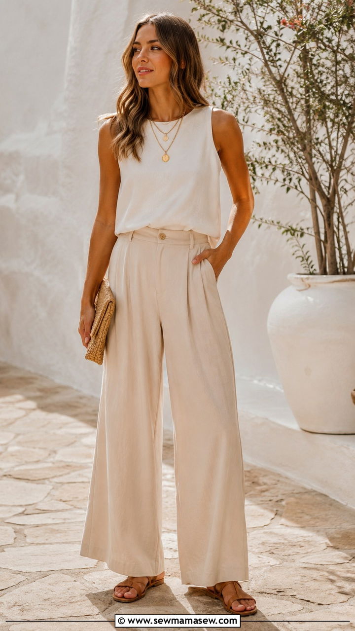 Sleeveless neutral top and flowy wide leg pants - 30 Spring minimalist outfits 2026