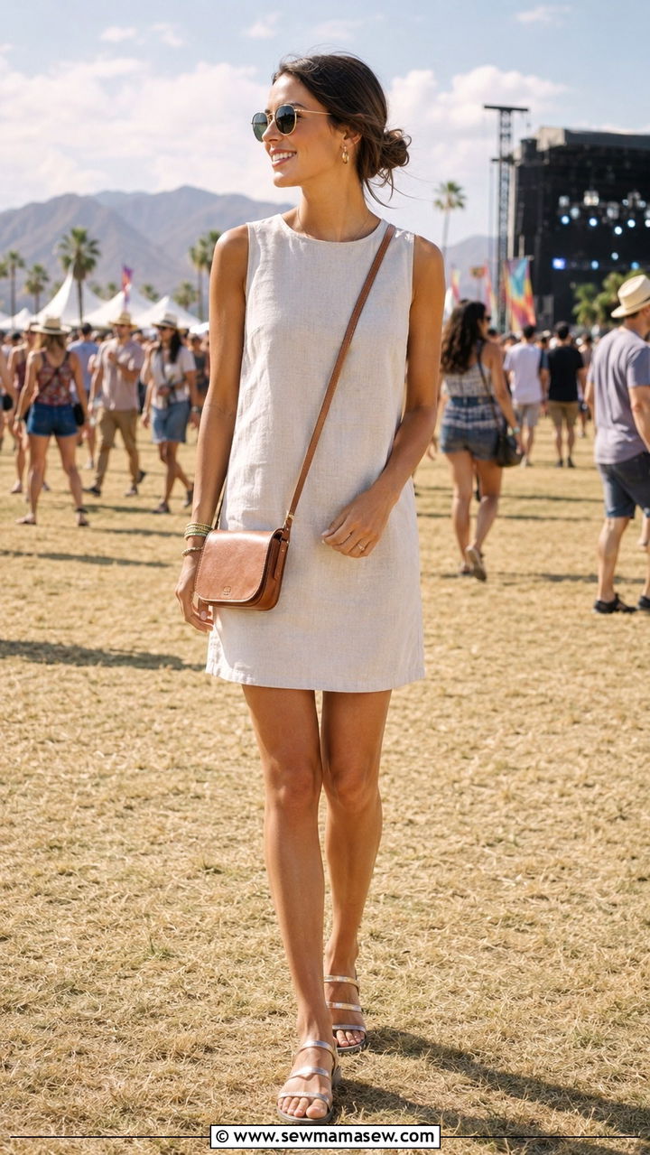 Sleeveless shift dress with crossbody bag and sandals - 30 modest summer concert outfit ideas