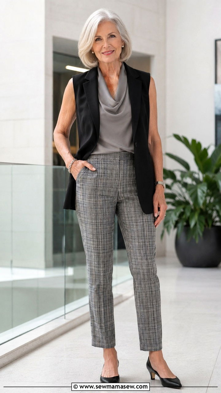 Sleeveless tailored vest over a gray blouse with plaid trousers - 30 Plus size outfit ideas for women over 60