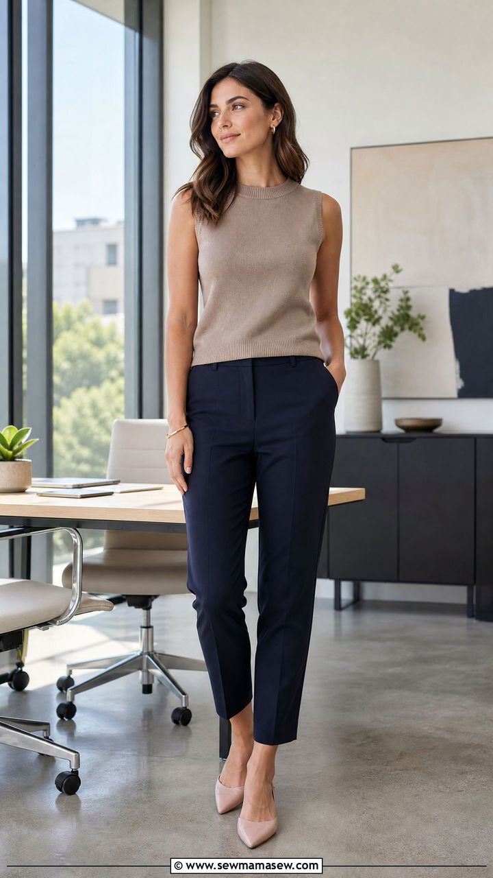Sleeveless top and tapered pants with pointed toe flats - 25 Business casual outfits with flats