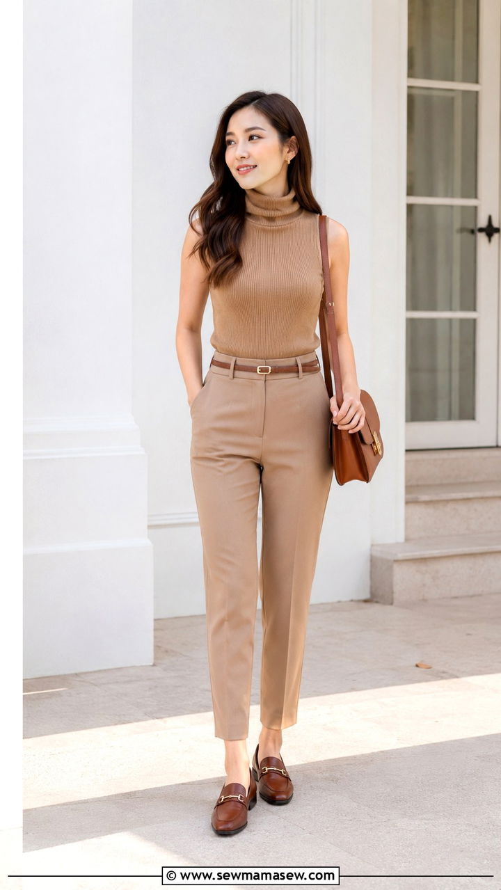Sleeveless turtleneck and ankle length slim trousers with loafers - 25 Petite outfit ideas affordable