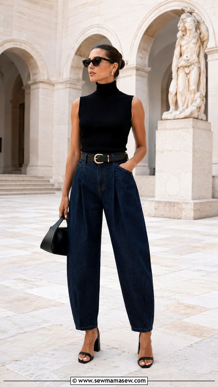 Sleeveless turtleneck knit with barrel jeans and block heels - 25 Barrel jeans outfit ideas with a sweater