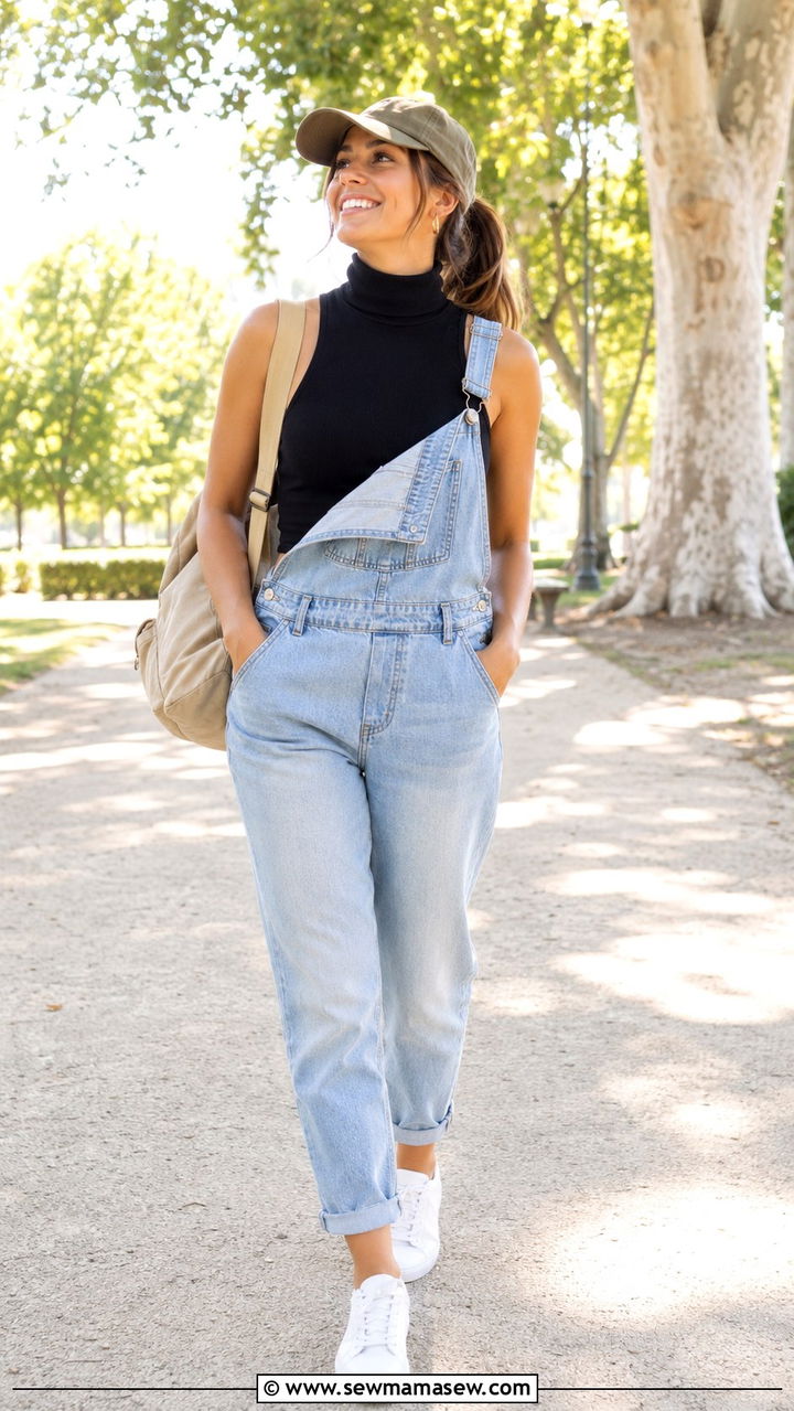 Sleeveless turtleneck with denim overalls spring outfit - 30 Spring outfits with turtleneck