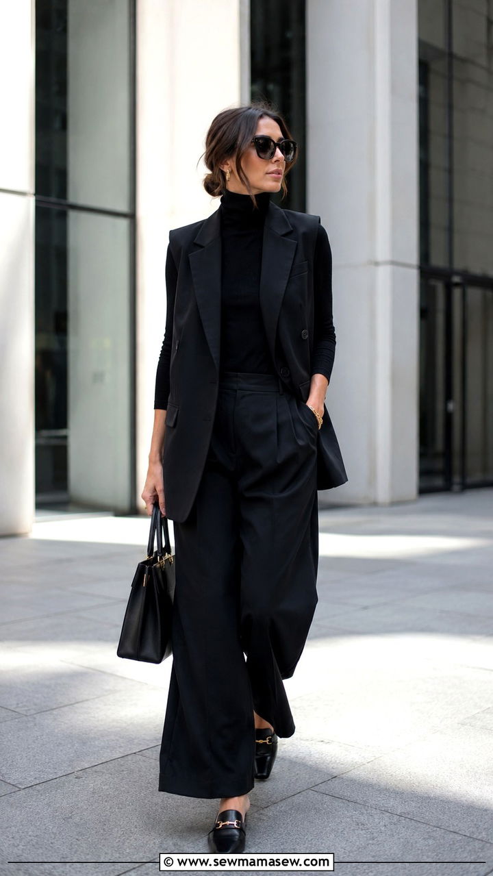 Sleeveless vest blazer with wide leg pants and mules - 25 Recruiter outfit ideas