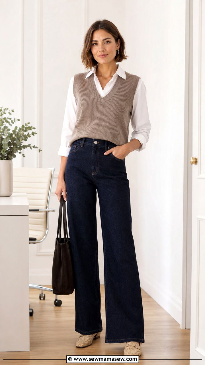 Sleeveless vest with high waisted dark wash jeans and loafers - 30 High waisted jeans outfit ideas with loafers