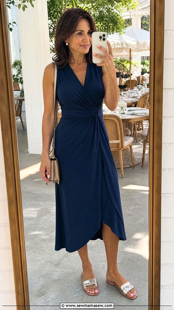 Sleeveless wrap dress and flat sandals - 30 Summer capsule wardrobe over 40