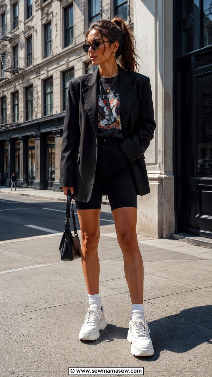 Slightly Oversized Blazer Over Bike Shorts - 30 Petite outfit ideas to look taller