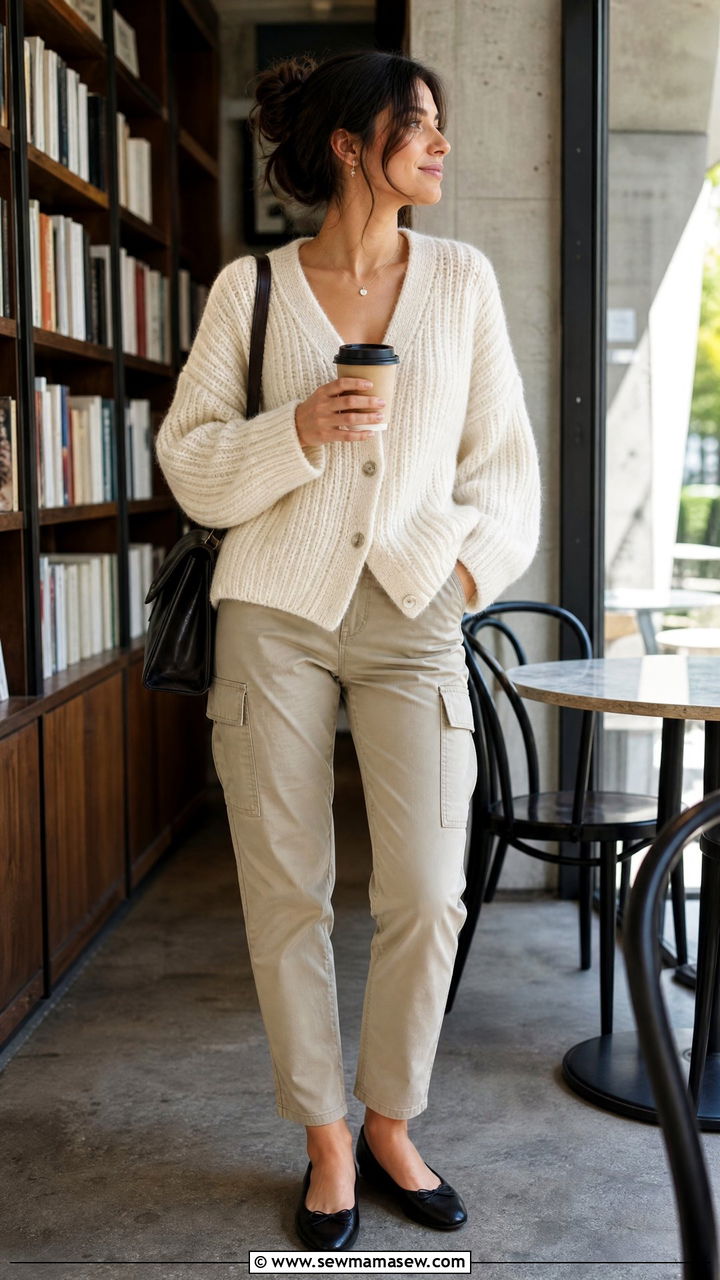 Slim Beige Cargo Pants With An Oversized Cardigan And Ballet Flats - 25 cargo pants outfits inspo
