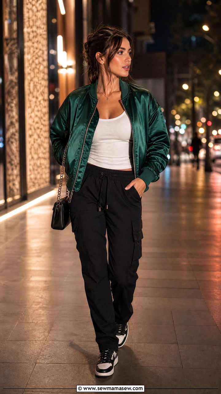Slim Black Cargo Pants With A Statement Emerald Bomber Jacket - 25 cargo pants outfits inspo