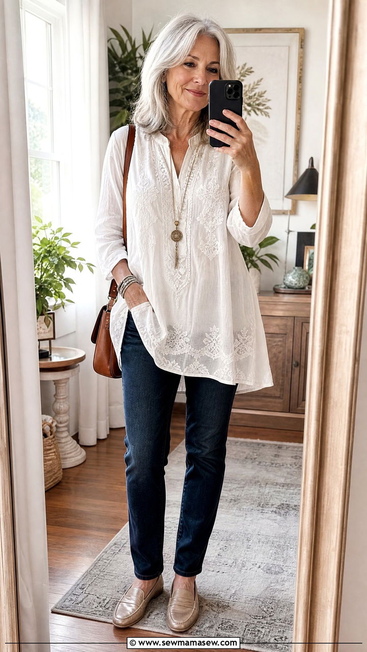 Slim Jeans with Flowing Tunic Top and Long Necklace - 35 Jeans outfit ideas for women over 60
