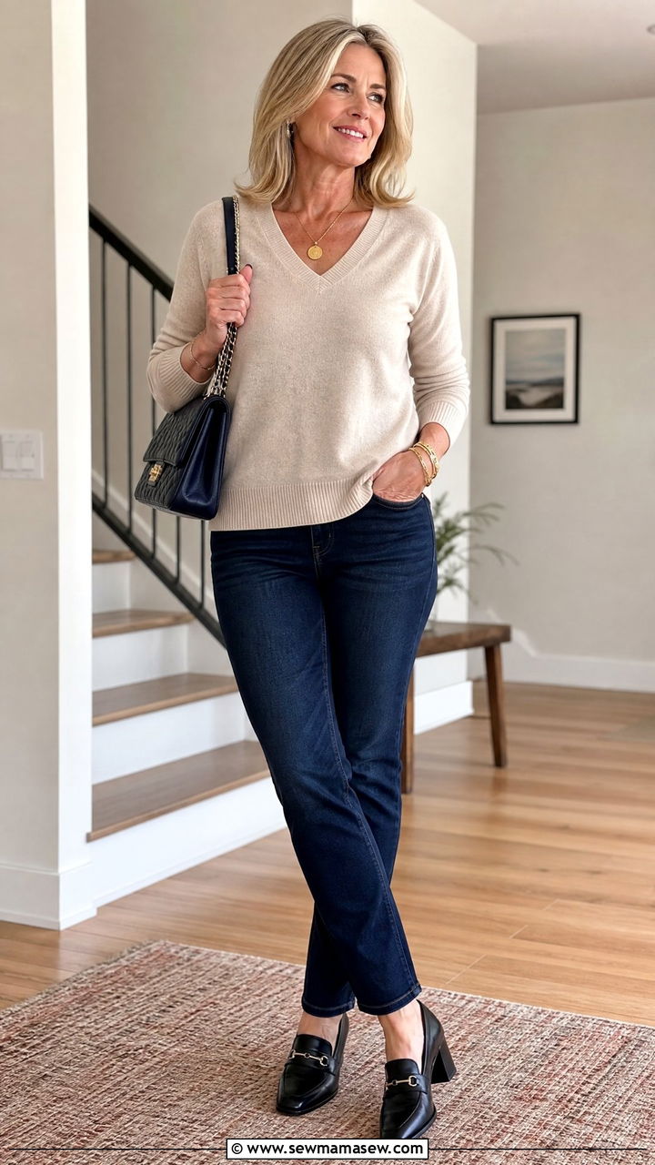 Slim Straight Jeans and Heeled Loafers Outfit - 35 Jeans and heels outfit ideas over 50