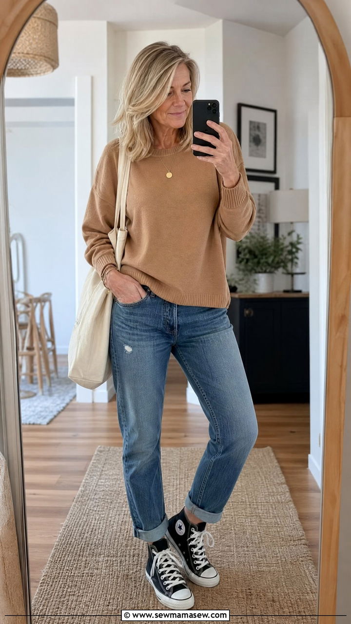 Slim boyfriend jeans with Converse sneakers and a relaxed sweater - 35 Jeans and sneakers outfit ideas over 40