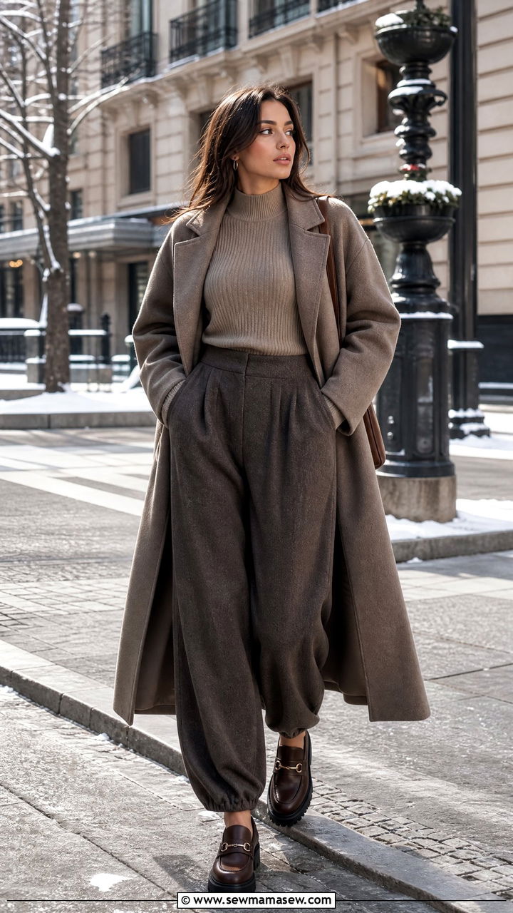 Slim knit and chunky loafers with winter balloon pants - 25 how to style balloon pants outfits