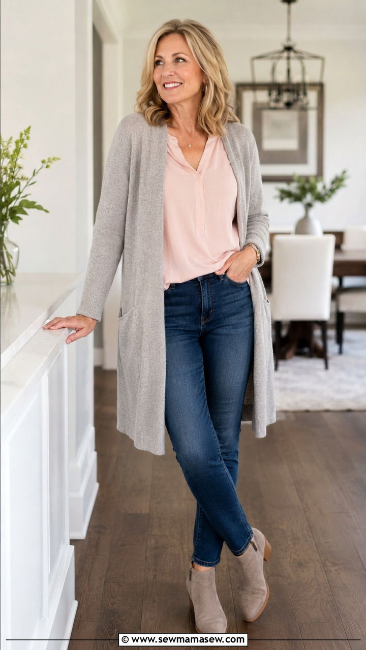 Slim leg jeans with low block heel boots - 20 Jeans and boots outfit ideas over 50