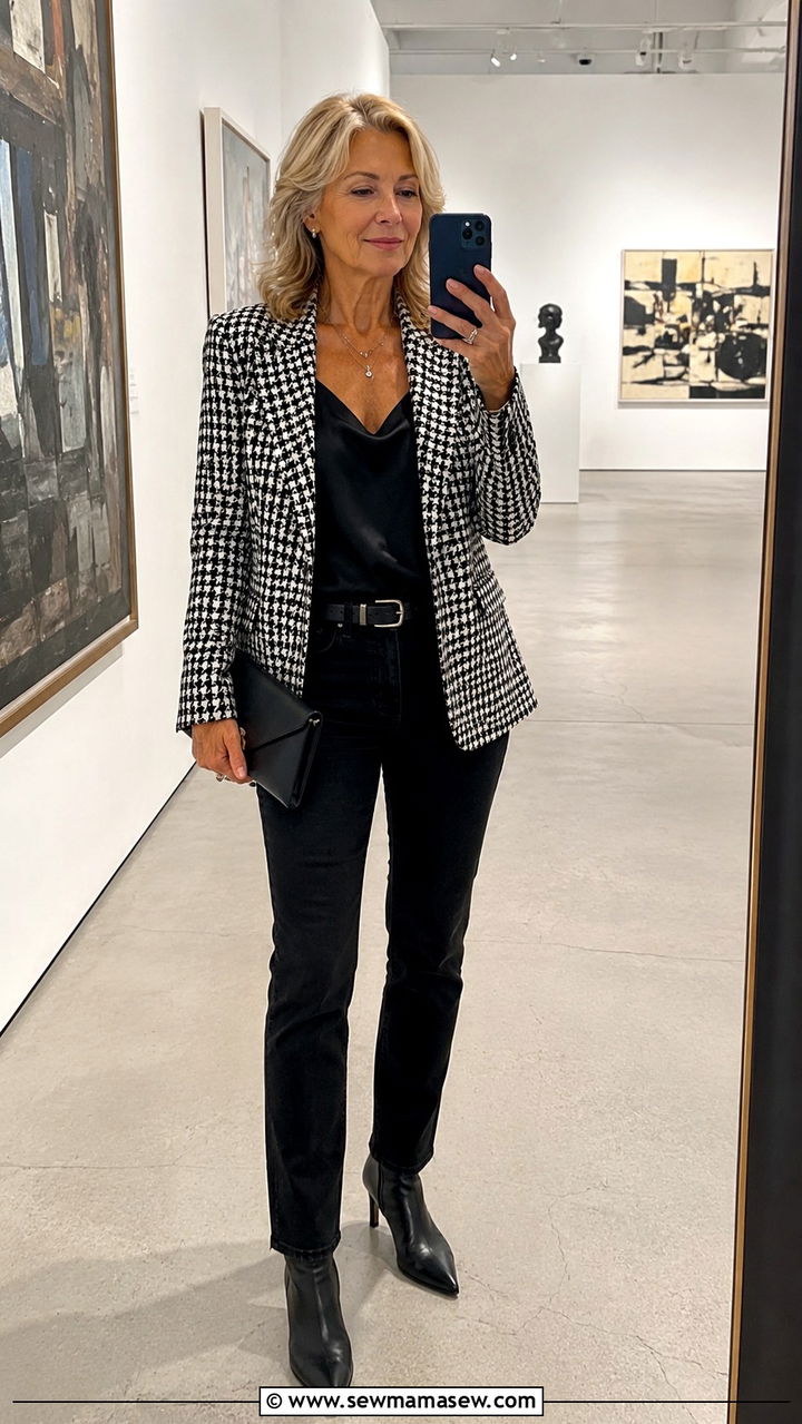 Slim straight jeans with houndstooth blazer - 20 Jeans and blazer outfit ideas over 50