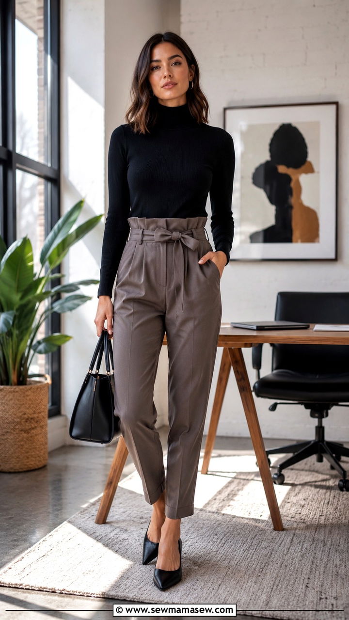 Slim turtleneck with paperbag waist trousers - 25 Outfit ideas for inverted triangle shape