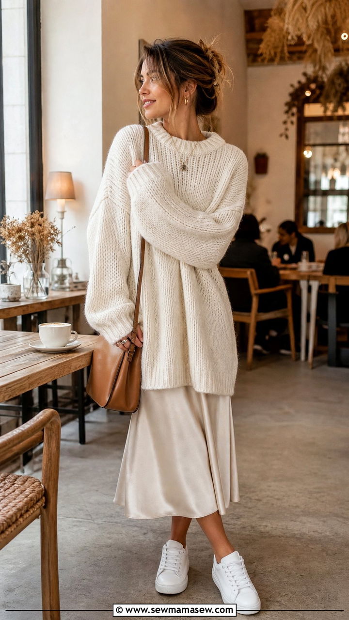 Slip Dress And Chunky Knit Sweater With Sneakers - 25 Slip dress outfit ideas with sneakers